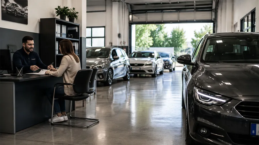 Consulenza per il noleggio a lungo termine nella sala clienti con auto in esposizione