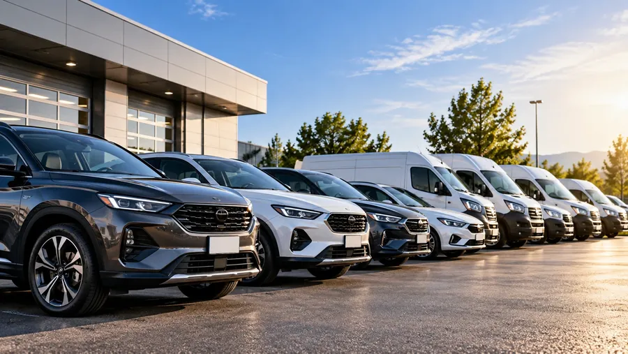 Auto e furgoni nuovi in fila davanti alla sede: veicoli disponibili per il noleggio a lungo termine a Rozzano