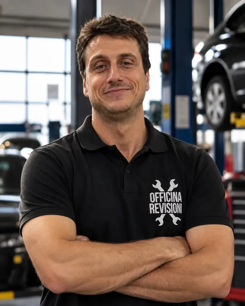 Federico Palumbo, ispettore tecnico del centro revisioni AutoMoto Rozzano, davanti al ponte sollevatore